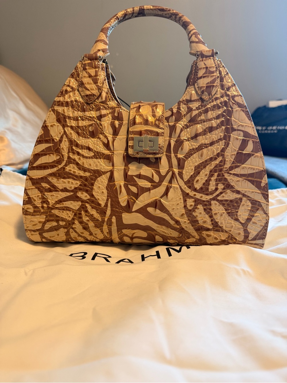 Brahmin Tan & Cream Embossed Leather Shoulder Bag